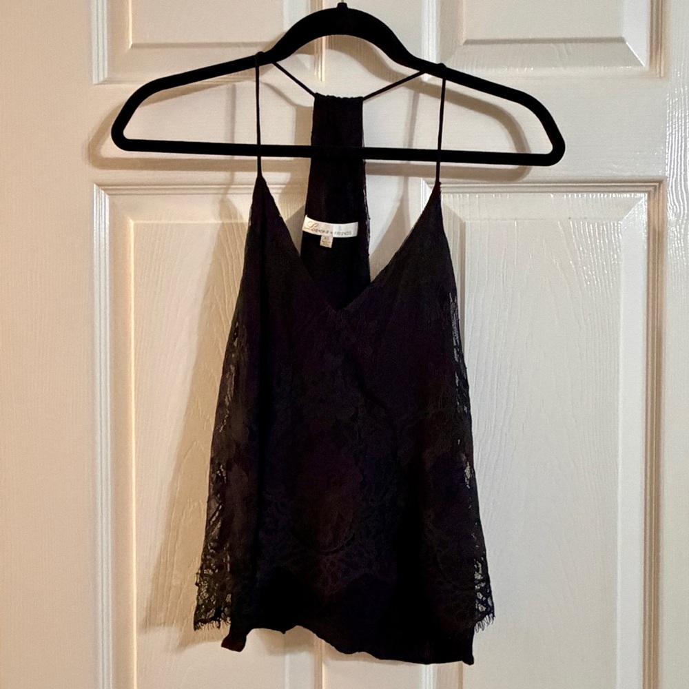 Lovers + Friends Black Lace Halter Top | Open Back Sheer Lace Blouse | XS